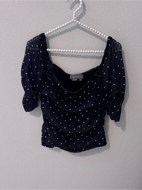 Anthropologie Black Polka Dot Cowl Neck Puff Sleeve Blouse